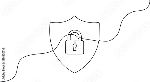 Continuous one-line art drawing of a padlock within a shield symbol. Minimalist black vector graphic element for advanced data protection and cybersecurity.