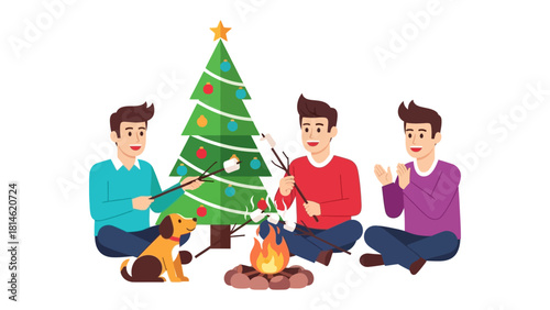 Christmas Gathering: A festive scene unfolds as friends gather around a crackling campfire, roasting marshmallows beneath the twinkling lights of a decorated Christmas tree, evoking warmth.
