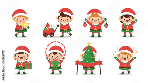 Cheerful Elf Characters Preparing for Christmas: Eight adorable elf characters, dressed in festive red and green attire, are joyfully engaged in preparing for the most magical time of the year.