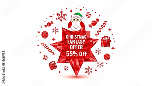 Christmas Fantasy Offer Illustration: A charming, festive illustration of a Christmas sale. The design incorporates holiday elements such as an owl, star, snowflakes, candies, and gift boxes.
