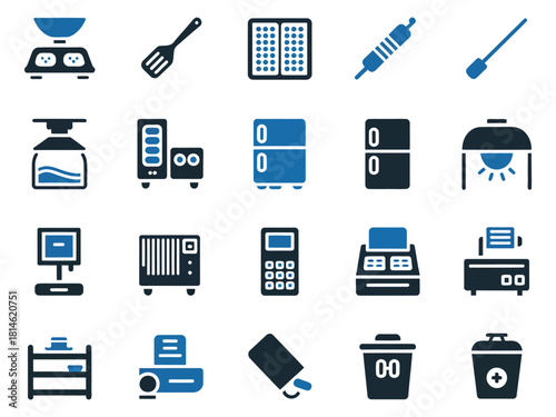Collection of kitchen and home appliance icons in blue and white hues, showcasing various tools.