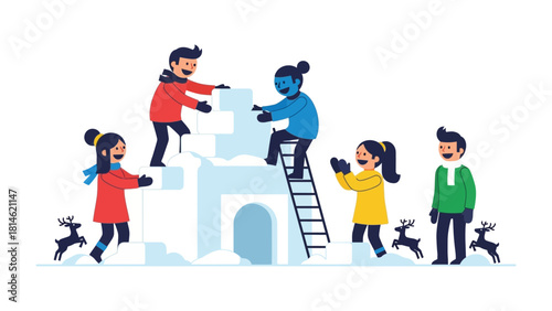 Winter Fortress Creation: A vibrant illustration depicts a group of children collaborating to construct a magnificent snow fortress, capturing the playful spirit of winter. 