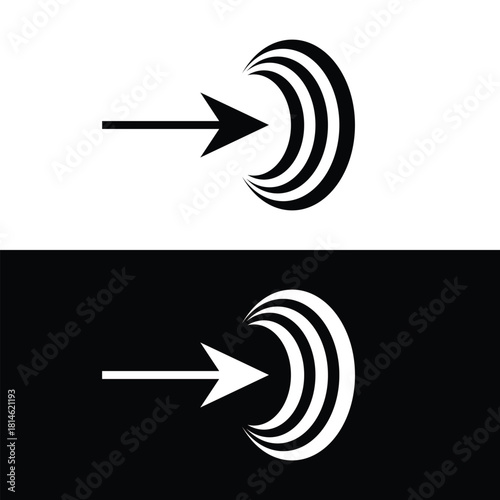 Dynamic arrow reaching crescent target, modern design for achieving goals and focusing energy, sleek black and white symbol for business solutions
