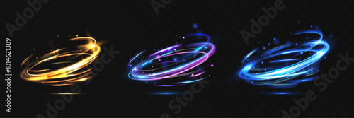 Lux glowing swirling energy rings in gold, purple and blue tones with sparkling particles, glossy neon highlights and dynamic radiant motion on dark transparent background.
