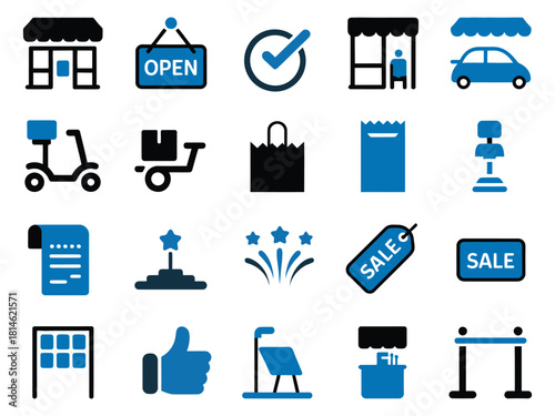 A collection of colorful business and retail icons representing various services and promotions.