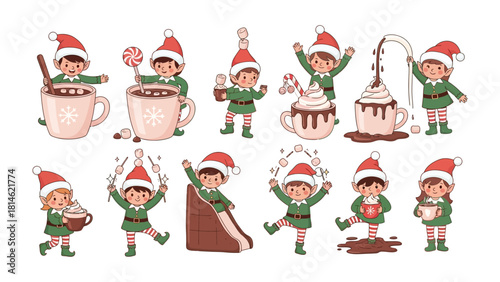 Whimsical Elves: A playful collection of cartoon elves, immersed in the cheerful atmosphere of christmas, frolicking amidst delightful treats and beverages. 
