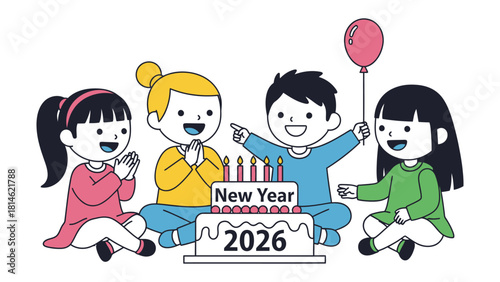 Celebrating New Beginnings: A group of children gather around a vibrant cake, symbolizing the start of a New Year, with an atmosphere of joyful celebration and shared anticipation.