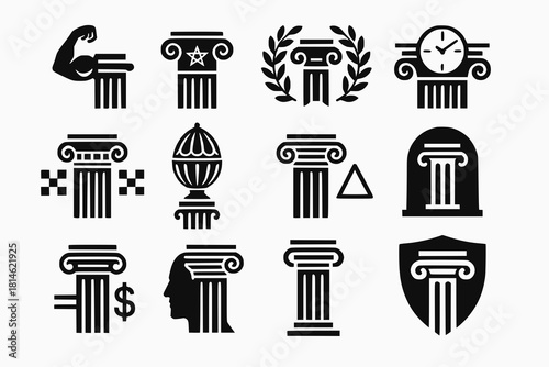 Architectural Column Icons with Strength Symmetry Tradition Elegance and Permanence Overlays in Black Vector Style on White Background