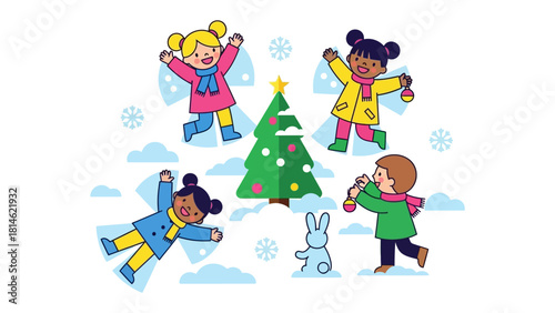Winter Wonderland: Joyful children create snow angels and decorate a festive evergreen tree, embracing the enchantment of a winter holiday. 