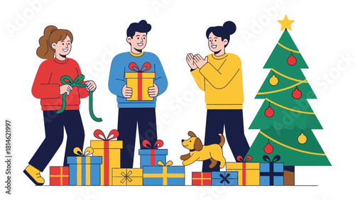 Holiday Gifting: Friends and family gather joyously, surrounded by festively wrapped presents and a cheerful Christmas tree.  A playful puppy adds to the festive cheer.