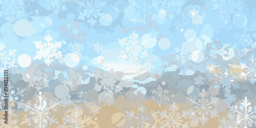 Abstract winter background with snowflakes and bokeh lights in blue and beige