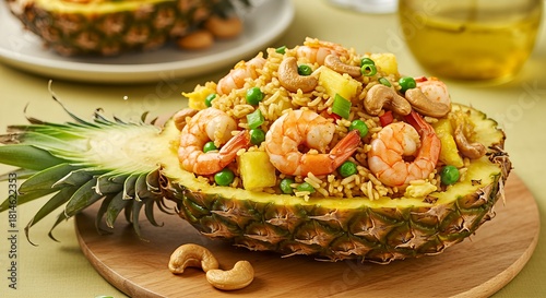 Pineapple fried rice with shrimp served in a pineapple bowl.