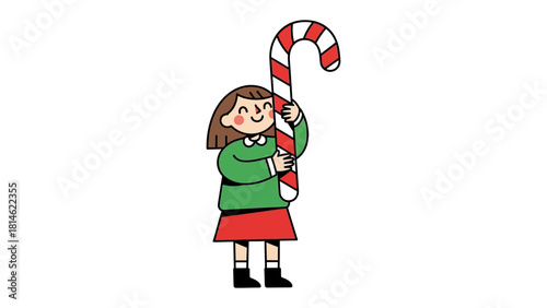 Joyful Season Treat: A little girl clutches a candy cane, beaming with delight. The vibrant illustration captures the magic and wonder of the holiday season.