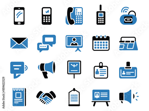 Variety of communication icons in blue and black, representing modern and traditional methods.