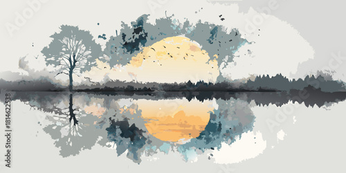 Watercolor lake reflection with tree birds and moon illustration