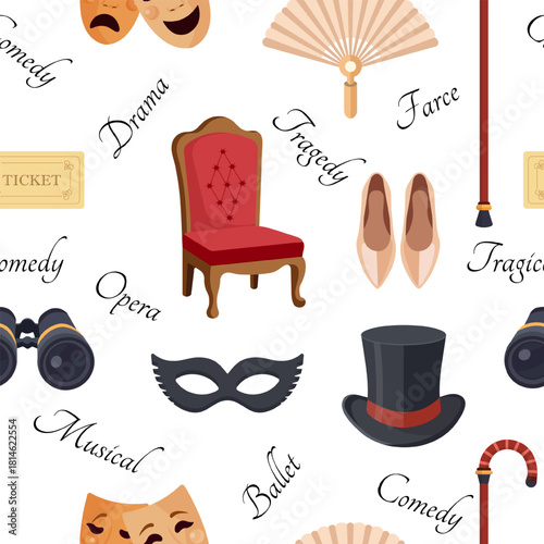 Seamless theatre pattern with classic stage elements: masks, chair, fan, ticket, top hat, binoculars, ballet shoes and cane. Elegant repeating design for arts, events and creative projects.