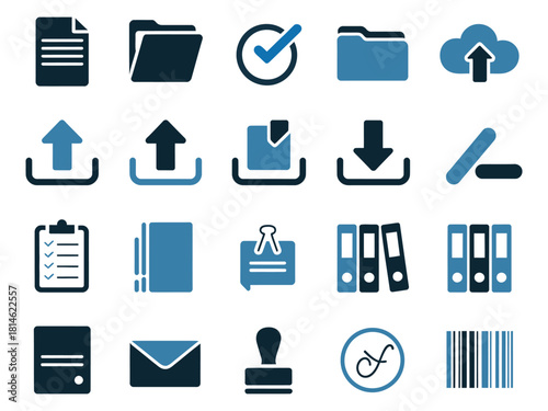 A collection of diverse document and file management icons in blue and black tones.