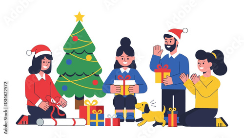 Festive Gathering: An animated illustration of family members cheerfully engaged in exchanging gifts around the festively adorned Christmas tree, celebrating the holiday spirit.