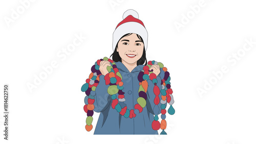 Festive Cheer: Portrait of a joyful child draped in colorful decorations. A spirited little girl smiles warmly, embodying the fun and magic of a festive celebration, wearing hat.