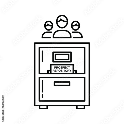 Line icon representing a prospect repository or customer database stored in a filing cabinet with three user profiles above it, isolated on
