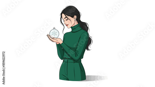 Snowflake Ornament in Hand: A woman, depicted in animated style, delicately holds a snowflake ornament, portraying winter's charm.