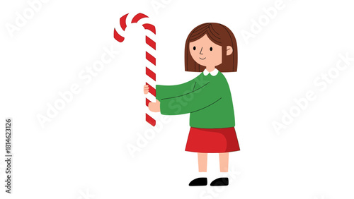 Festive Delight: A young girl's hand grasps the candy cane with a cheerful expression, symbolising the warmth and sweetness of the festive holiday season.