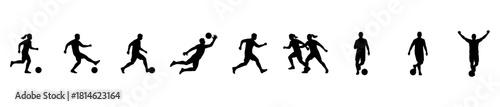 Minimal soccer player silhouettes: running, kicking, diving, competing, and celebrating. Ideal for sports, motion, and athletic visuals.