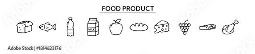 Minimal food product icons: bread, fish, water, milk, apple, cheese, grapes, meat, and chicken. Ideal for nutrition, grocery, and culinary visuals.