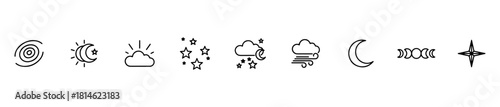 Minimal celestial and weather icons: moon, stars, clouds, wind, cyclone, phases, and compass. Ideal for night, forecast, and navigation visuals.