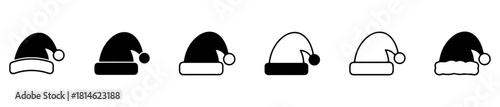 Minimal Santa hat icons: varied brims, pom-poms, and curves. Ideal for festive, holiday, and seasonal visuals.