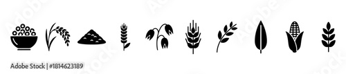 Minimal grain icons: cereal bowl, rice, flour, wheat, oats, barley, corn, and stalks. Ideal for food, agriculture, and eco visuals.