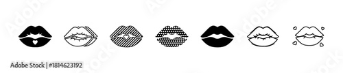 Minimal lip icons: solid, outlined, striped, expressive, and heart-accented styles. Ideal for fashion, pop art, and emotive visuals.