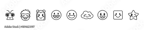 Minimal cartoon face icons: triangle, bear, cloud, star, square, and expressive smiles. Ideal for playful, emotive, and character visuals.