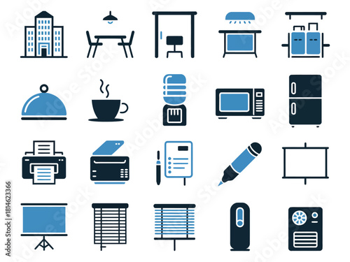 A collection of modern office and kitchen icons in blue and black, featuring various appliances and furniture.