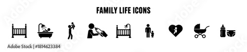 Minimal family life icons: crib, bathing, feeding, bonding, stroller, and baby care. Ideal for parenting, childcare, and family visuals.