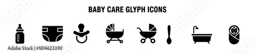 Minimal baby care icons: bottle, diaper, pacifier, strollers, spoon, bath, and swaddled infant. Ideal for parenting, product, visuals.