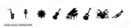 Minimal music icons: saxophone, microphone, tambourine, violin, piano, guitar, drums, trumpet. Ideal for music, performance, and education visuals.