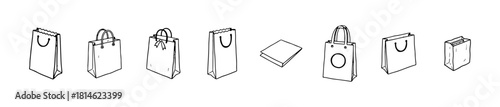Minimal paper bag icons: gift, folded, decorative, and retail styles. Ideal for packaging, branding, and product visuals.