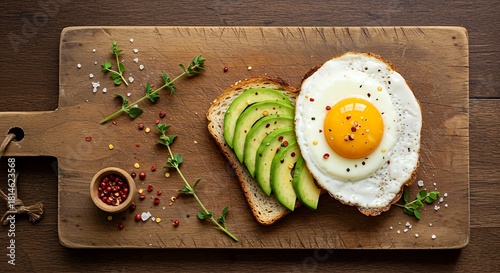 A delicious breakfast of avocado toast and a fried egg served on a rustic wooden board with fresh herbs and chili flakes.