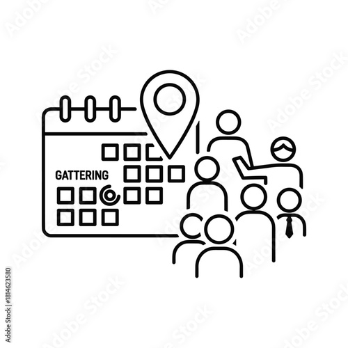 Line icon representing a meeting or event scheduling with location pin and group of people isolated on