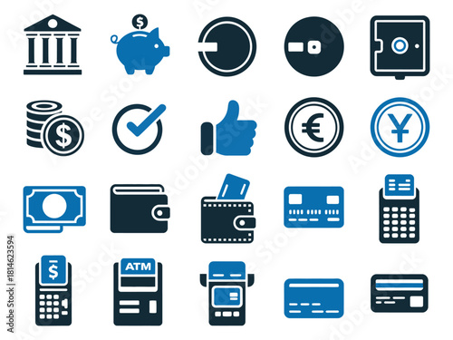 Various financial icons including a bank, piggy bank, coins, and payment methods.