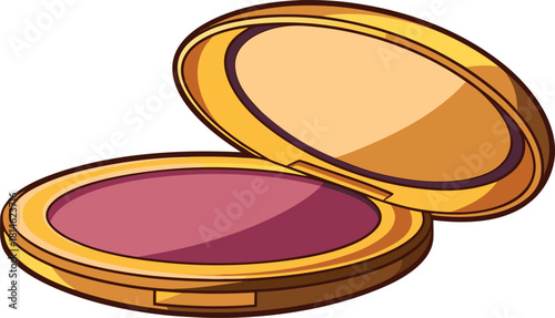 Open compact blush makeup with golden case and pink powder