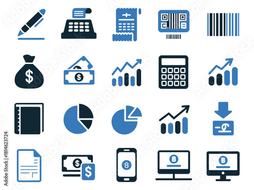 A collection of finance and accounting icons in blue and black, symbolizing budgeting and financial analysis.