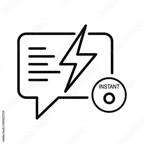 Black and white line icon representing instant message notification with a lightning bolt and instant symbol isolated on