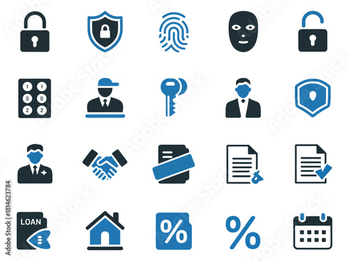 A collection of security-themed icons representing protection, trust, and financial transactions.