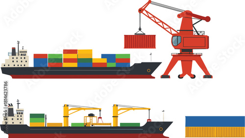 Container ship loading scene with industrial port cranes, cargo vessels, colorful shipping containers, maritime freight transport, global logistics operations, commercial shipping industry illustrazz