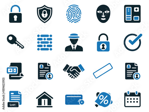 A diverse collection of security and finance icons, featuring locks, keys, and contracts.