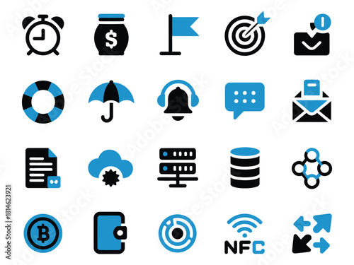 A collection of diverse icons representing finance, communication, and technology in vibrant colors.