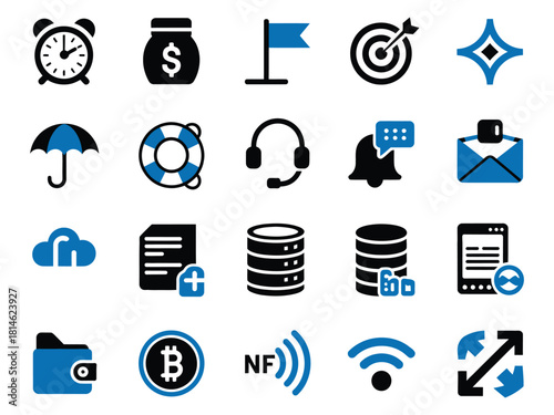 A collection of digital and financial icons in blue and black representing various concepts.