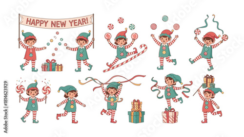 Festive Elves: A playful collection of cartoon elves engaged in festive activities, with a banner that read Happy New Year! set the mood for celebrations.